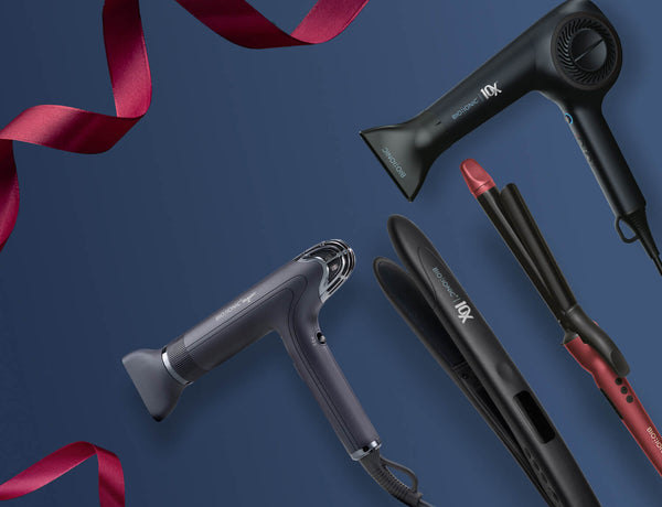 Smart-X Dryer, 10X UltraLight Dryer, 10X Styling Iron, and Velvet Rouge Long Barrel Curling Iron on blue background with red ribbon accents